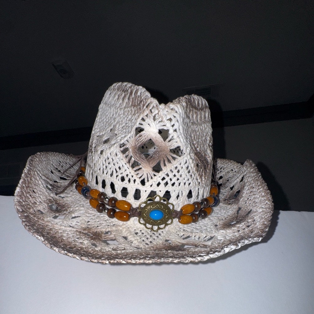 Beaded Western Straw Cowboy Hat – Cream & Brown – Boho Country Style (OS)